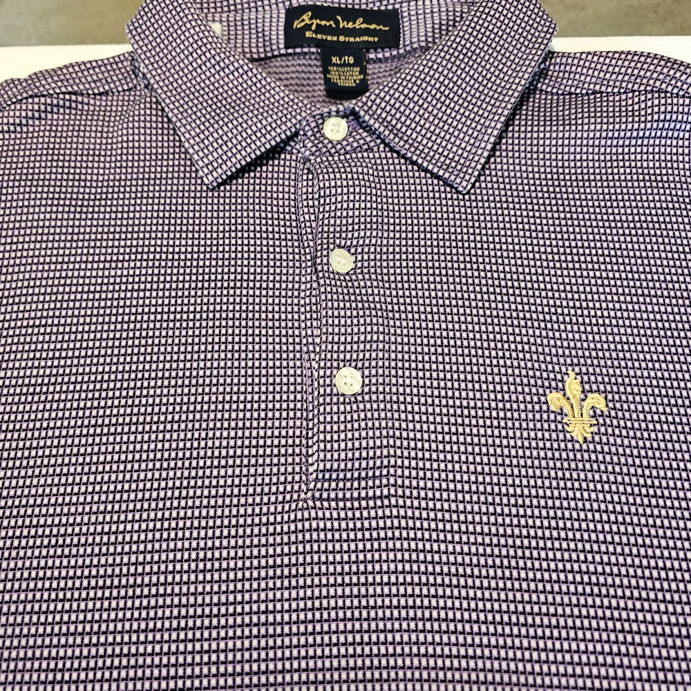 Byron Nelson‎ Mens Polo XL Eleven Straight Purple /gold Fleur-de-lis stitching